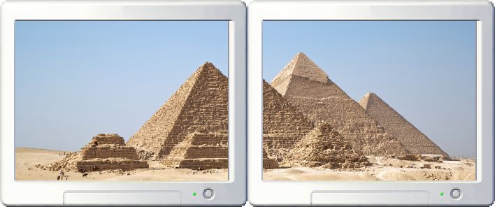 The Gizah pyramids stretched across a two-monitor setup