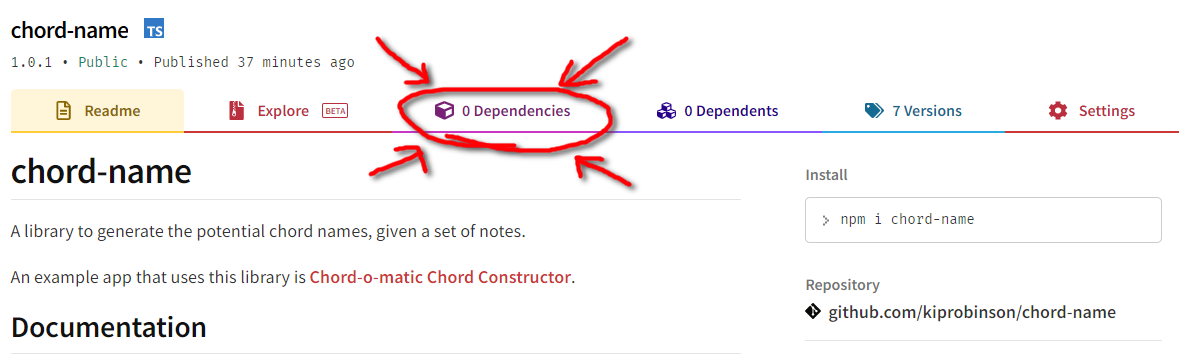 Screenshot of npm package page, with "0 dependencies" circled